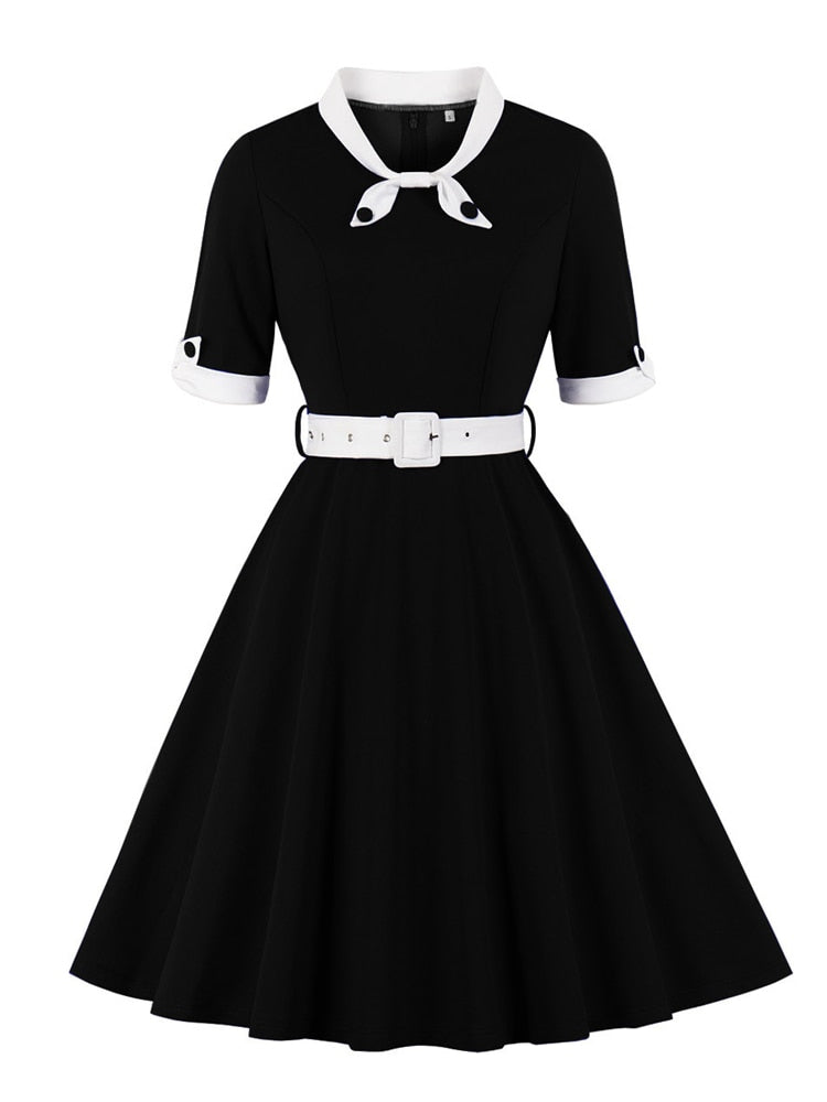 Tonval Green Contrast Bow Neck and Cuff Vintage Belted Dress Half Sleeve Autumn Women Fit and Flare Retro Swing Dresses