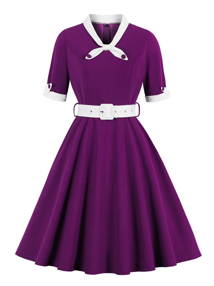 Tonval Green Contrast Bow Neck and Cuff Vintage Belted Dress Half Sleeve Autumn Women Fit and Flare Retro Swing Dresses