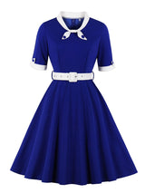 Tonval Green Contrast Bow Neck and Cuff Vintage Belted Dress Half Sleeve Autumn Women Fit and Flare Retro Swing Dresses