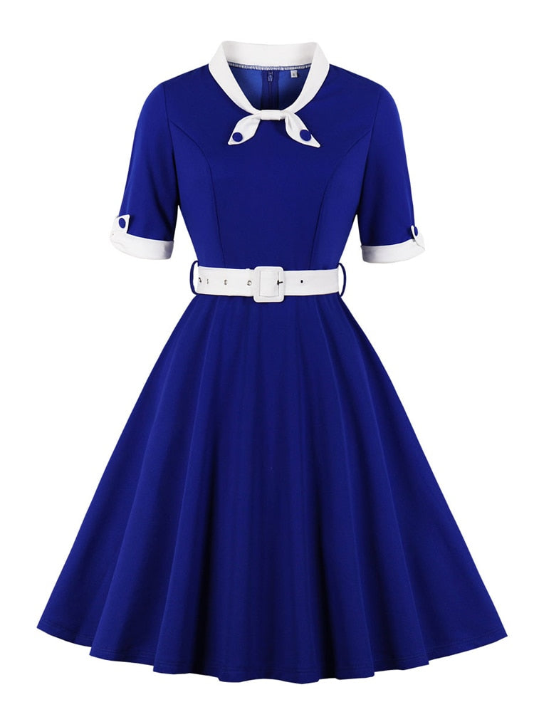 Tonval Green Contrast Bow Neck and Cuff Vintage Belted Dress Half Sleeve Autumn Women Fit and Flare Retro Swing Dresses