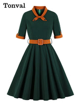 Tonval Green Contrast Bow Neck and Cuff Vintage Belted Dress Half Sleeve Autumn Women Fit and Flare Retro Swing Dresses